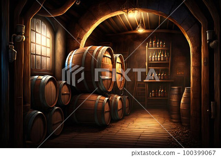 Alcohol barrel room interior. Generative AI 100399067