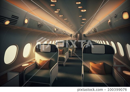 Airplane passenger cabin interior. Generative AI Airplane passenger cabin interior. Generative AI 100399076