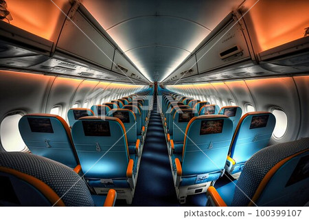 Airplane passenger cabin interior. Generative AI Airplane passenger cabin interior. Generative AI 100399107