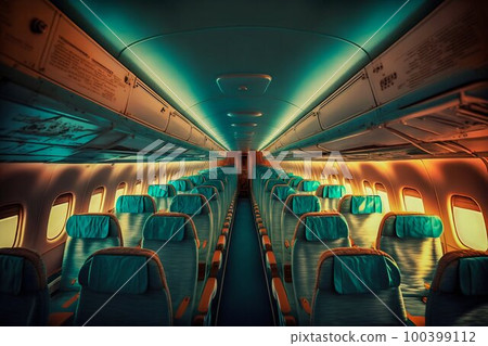 Airplane passenger cabin interior. Generative AI Airplane passenger cabin interior. Generative AI 100399112