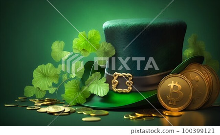 Saint Patrick hat with gold coins and clovers banner. Generative AI 100399121