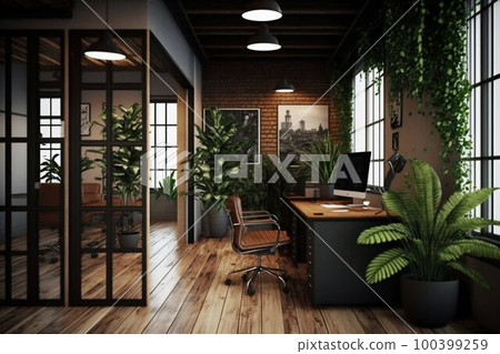 Office interior design with wall plants, wood, industrial. Generative AI Office interior design with wall plants, wood, industrial. Generative AI 100399259