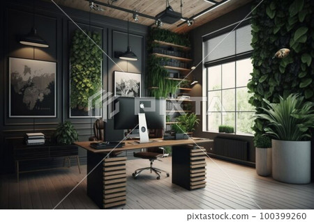 Office interior design with wall plants, wood, industrial. Generative AI 100399260