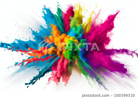Multicolored explosion of rainbow holi powder paint. Generative AI 100399310