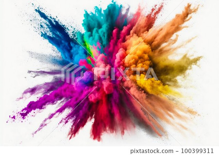 Multicolored explosion of rainbow holi powder paint. Generative AI 100399311