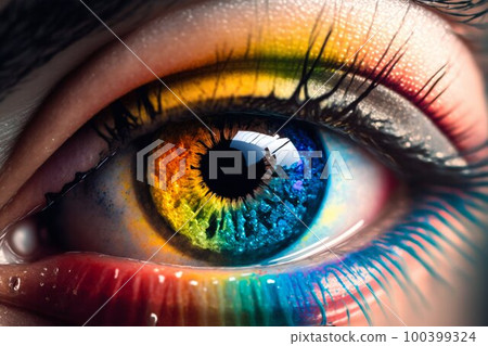 Female eye closeup with rainbow pupil. Generative AI 100399324