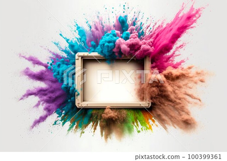 Empty blank frame with colorful powder paint explosion. Generative AI Empty blank frame with colorful powder paint explosion. Generative AI 100399361
