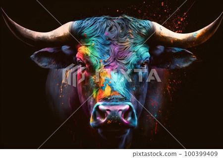 Portrait face of bull with colorful paint. Generative AI 100399409