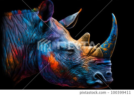 Portrait face of an rhinoceros with colorful paint. Generative AI 100399411