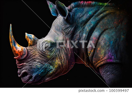 Portrait face of an rhinoceros with colorful paint. Generative AI 100399497