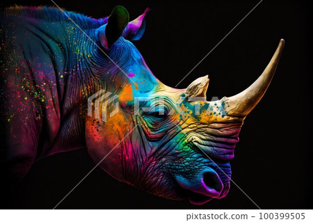 Portrait face of an rhinoceros with colorful paint. Generative AI Portrait face of an rhinoceros with colorful paint. Generative AI 100399505