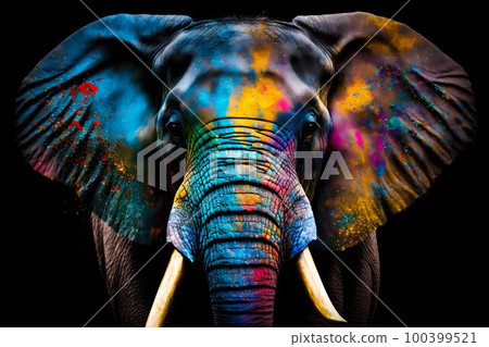 Portrait face of an elephant with colorful paint. Generative AI 100399521