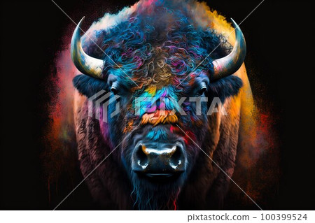 Portrait face of bison with colorful paint. Generative AI Portrait face of bison with colorful paint. Generative AI 100399524