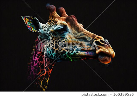 Portrait face of giraffe with colorful paint. Generative AI 100399556