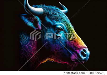 Portrait face of bull with colorful paint. Generative AI Portrait face of bull with colorful paint. Generative AI 100399579