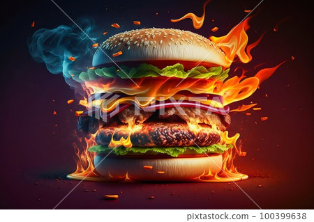 Burning hamburger cheeseburger closeup. Generative AI Burning hamburger cheeseburger closeup. Generative AI 100399638