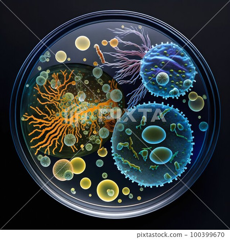 Virus and bacteria macro in Petri dish. Generative AI Virus and bacteria macro in Petri dish. Generative AI 100399670