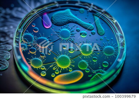 Virus and bacteria macro in Petri dish. Generative AI Virus and bacteria macro in Petri dish. Generative AI 100399679