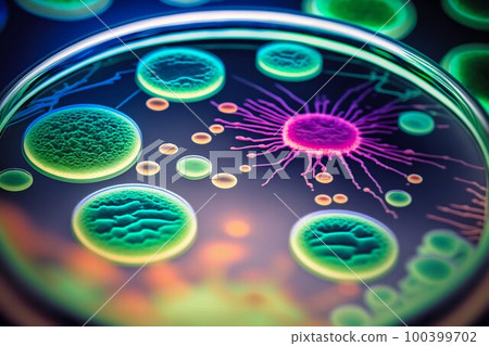 Virus and bacteria macro in Petri dish. Generative AI 100399702