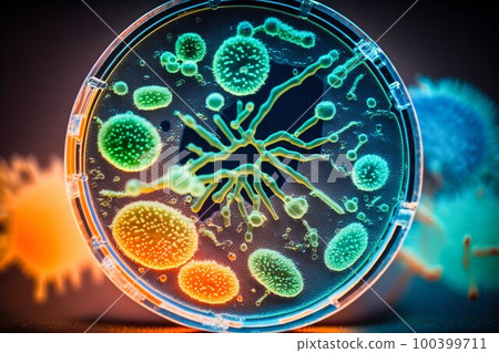 Virus and bacteria macro in Petri dish. Generative AI 100399711