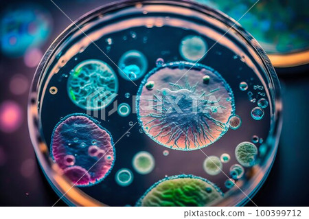 Virus and bacteria macro in Petri dish. Generative AI 100399712