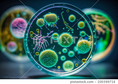 Virus and bacteria macro in Petri dish. Generative AI Virus and bacteria macro in Petri dish. Generative AI 100399718