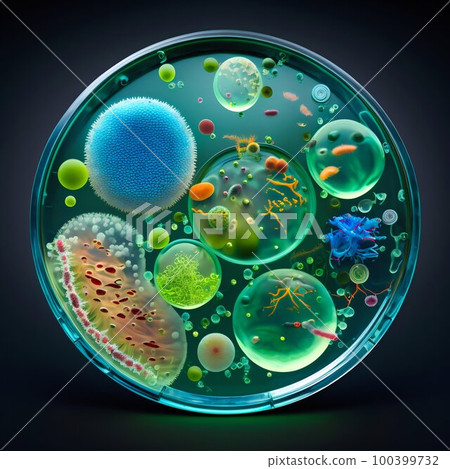 Virus and bacteria macro in Petri dish. Generative AI Virus and bacteria macro in Petri dish. Generative AI 100399732