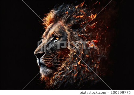 King Lion fire portrait. Generative AI 100399775