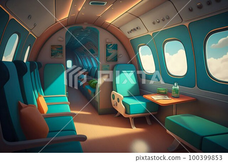 Airplane passenger cabin interior. Generative AI Airplane passenger cabin interior. Generative AI 100399853