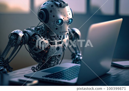 Ai robot working on laptop. Generative AI 100399871