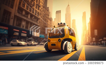 Smart robot autopilot taxi rides along city street road. Generative AI 100399873