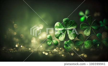 Saint Patrick green background banner with clover. Generative AI 100399941