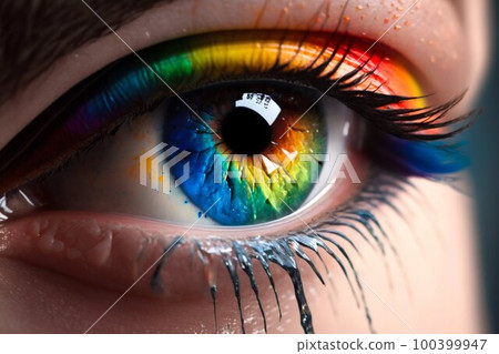 Female eye closeup with rainbow pupil. Generative AI Female eye closeup with rainbow pupil. Generative AI 100399947
