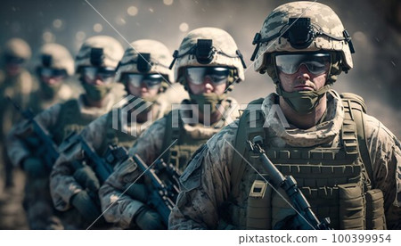 Special forces soldiers go to military operation. Generative AI 100399954