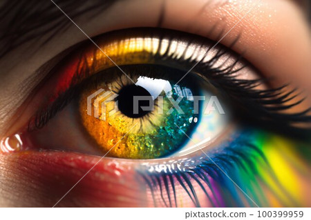 Female eye closeup with rainbow pupil. Generative AI 100399959