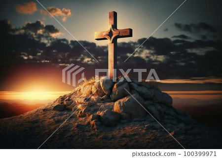 Cross of faith on a ground pile, sunset. Generative AI Cross of faith on a ground pile, sunset. Generative AI 100399971