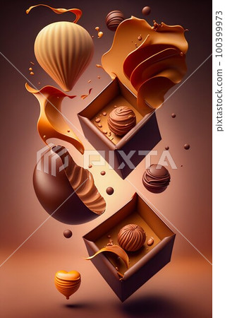Flying chocolate candies pralines with smooth splashs. Generative AI Flying chocolate candies pralines with smooth splashs. Generative AI 100399973