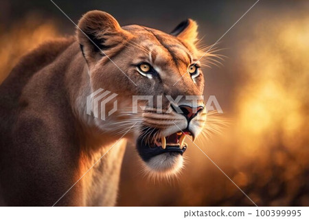 Lioness in Africa savannah. Generative AI 100399995