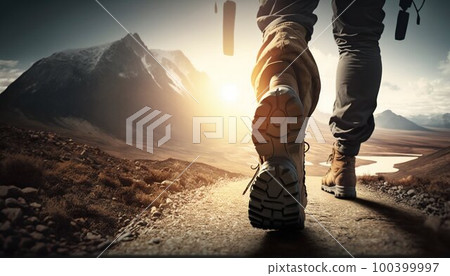 Hiker walking in mountains. Generative AI Hiker walking in mountains. Generative AI 100399997