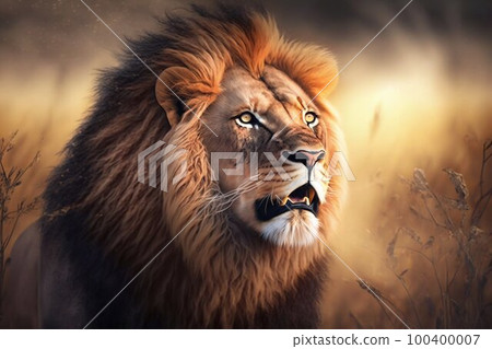 Lion in Africa closeup. Generative AI 100400007
