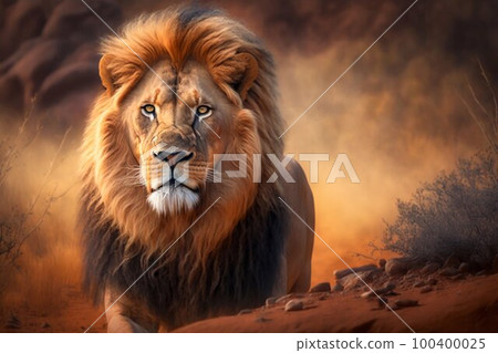 Lion in Africa closeup. Generative AI 100400025