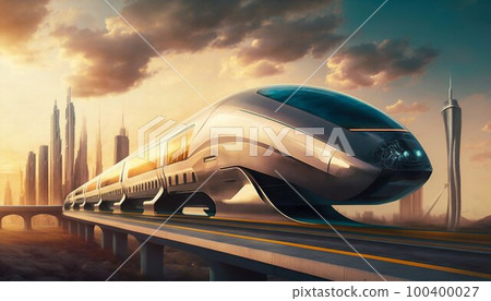 Futuristic speed maglev magnetic cushion train with city background. Generative AI 100400027