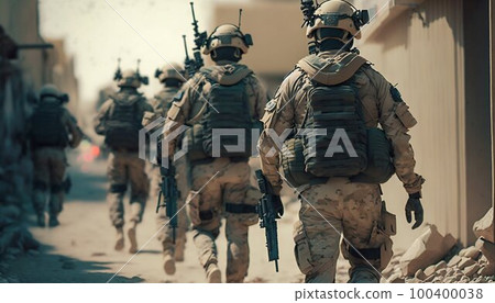 Special forces soldiers go to military operation. Generative AI 100400038