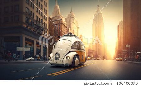 Smart robot autopilot taxi rides along city street road. Generative AI 100400079
