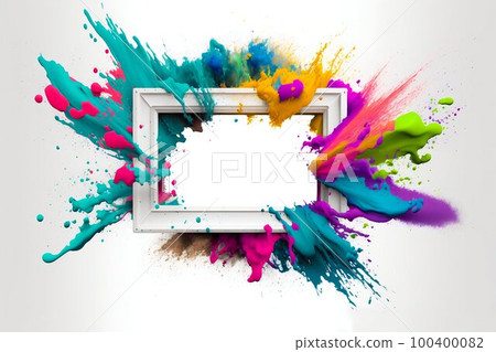Empty blank frame with colorful powder paint explosion. Generative AI 100400082