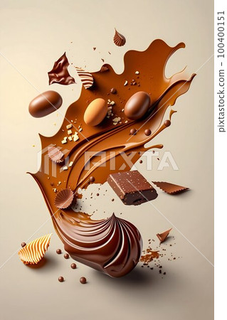 Flying chocolate candies pralines with smooth splashs. Generative AI Flying chocolate candies pralines with smooth splashs. Generative AI 100400151