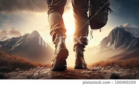 Hiker walking in mountains. Generative AI Hiker walking in mountains. Generative AI 100400209