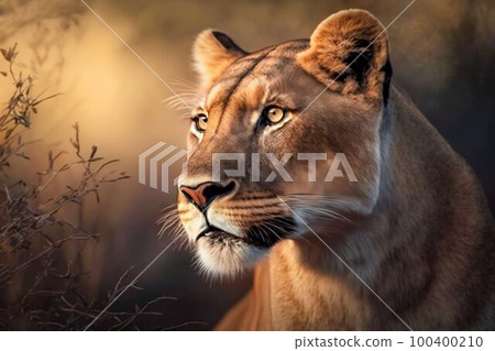 Lioness in Africa savannah. Generative AI Lioness in Africa savannah. Generative AI 100400210