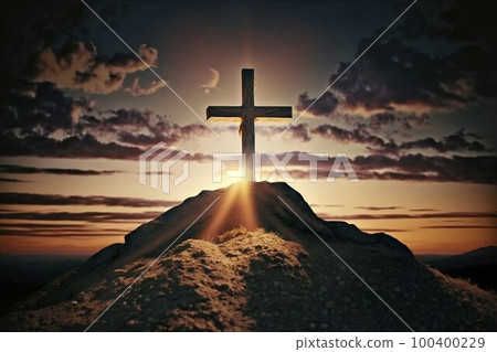 Cross of faith on a ground pile, sunset. - Stock Illustration