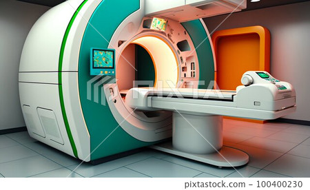 Magnetic resonance imaging scan machine MRI CT in Hospital interior. Generative AI 100400230